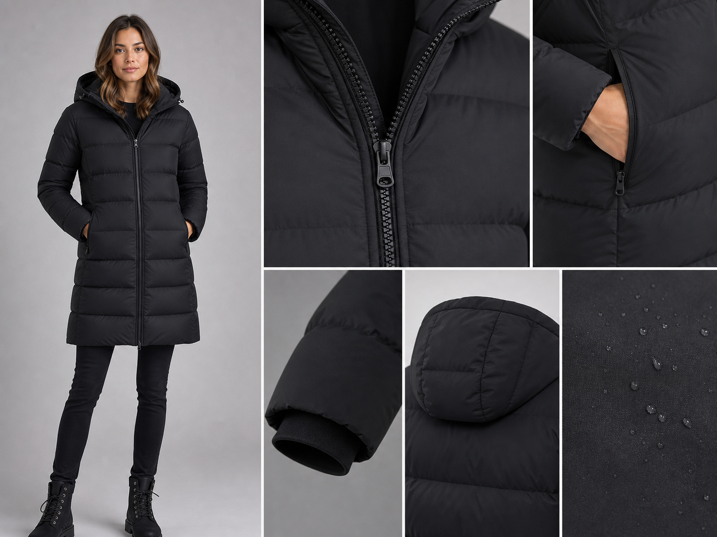 First-release black down coat detail preview